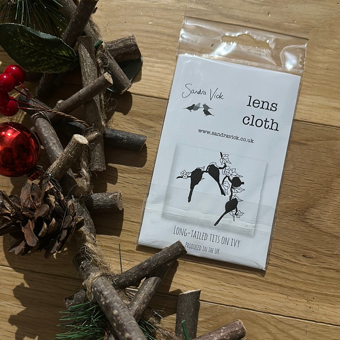 LENS CLOTH and CARD: long-tailed tits on ivy