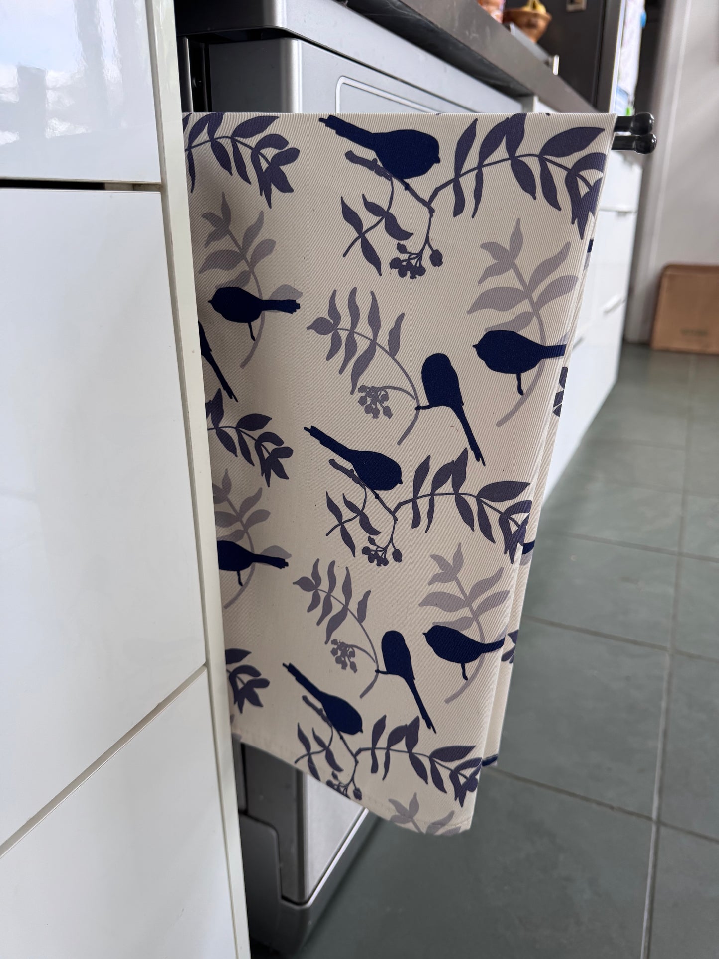 TEA TOWEL - LONG-TAILED TIT - unbleached cotton