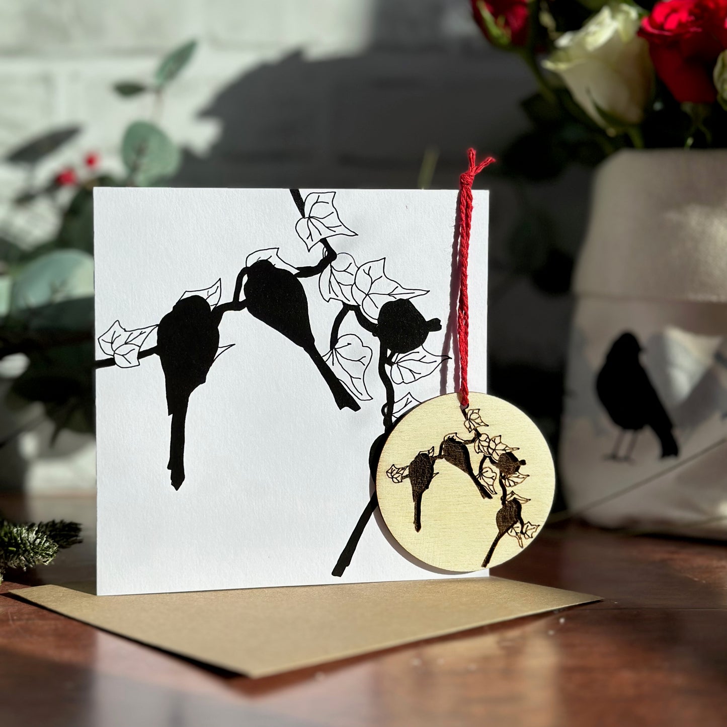 DECORATION WITH CARD: Long-tailed tits on Ivy with wooden tree decoration