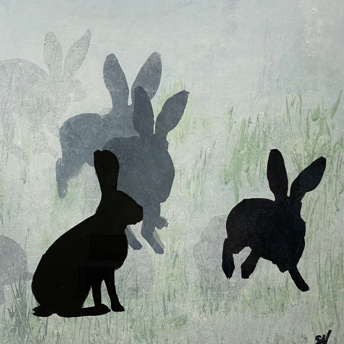 PAINTING: hares in the field 56x56cm FRAMED
