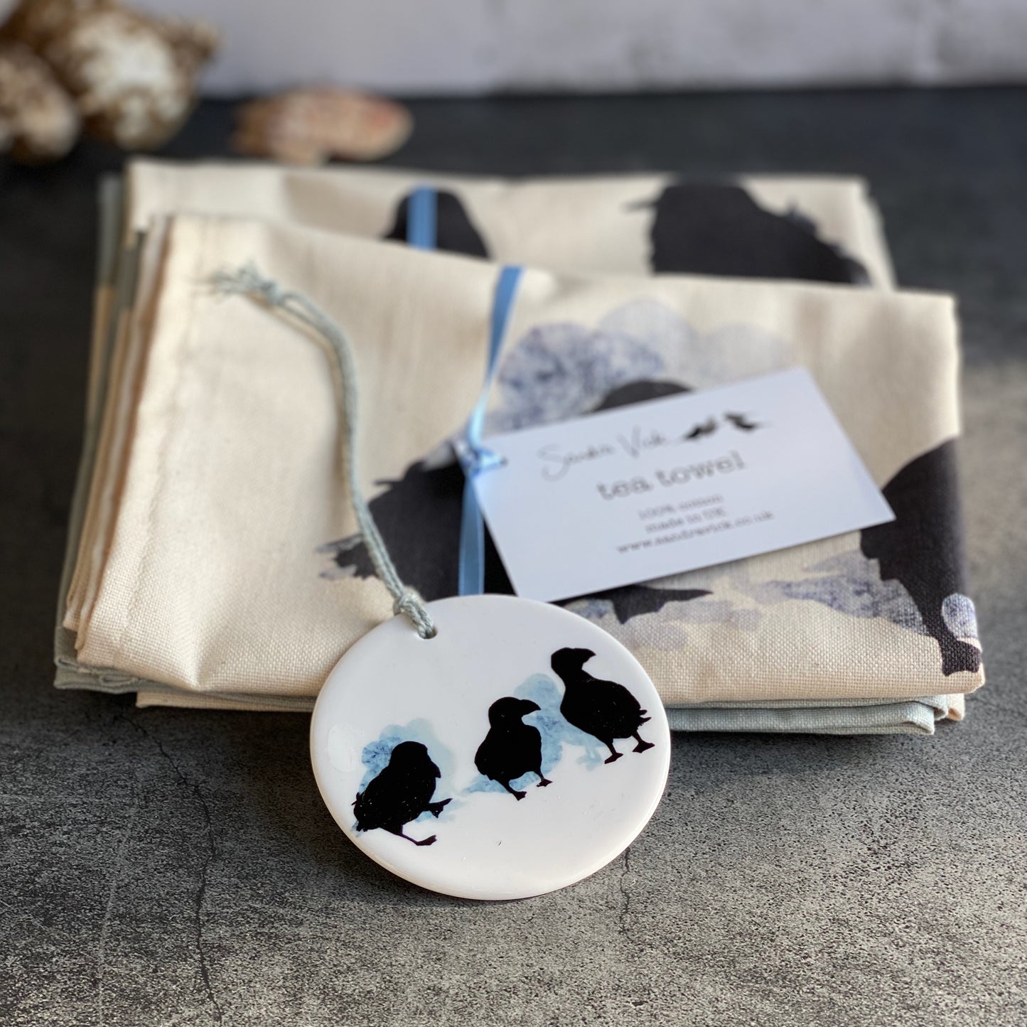 TEA TOWEL - PUFFIN unbleached cotton