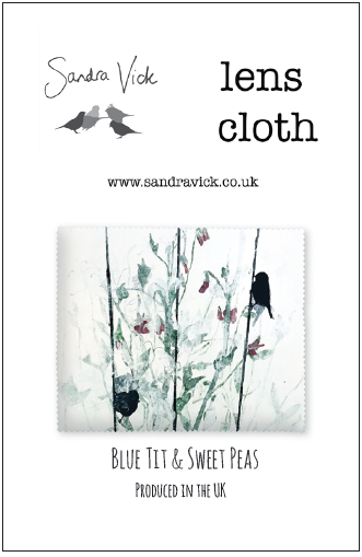 LENS CLOTH: blue tit and sweet peas