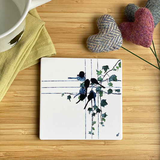 CERAMIC COASTER : long-tailed tit and ivy