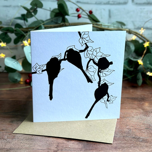 CARD: long-tailed tits on ivy - b&w