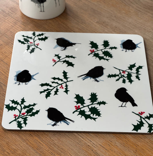 TABLE MAT - ROBIN & HOLLY - christmas design - square