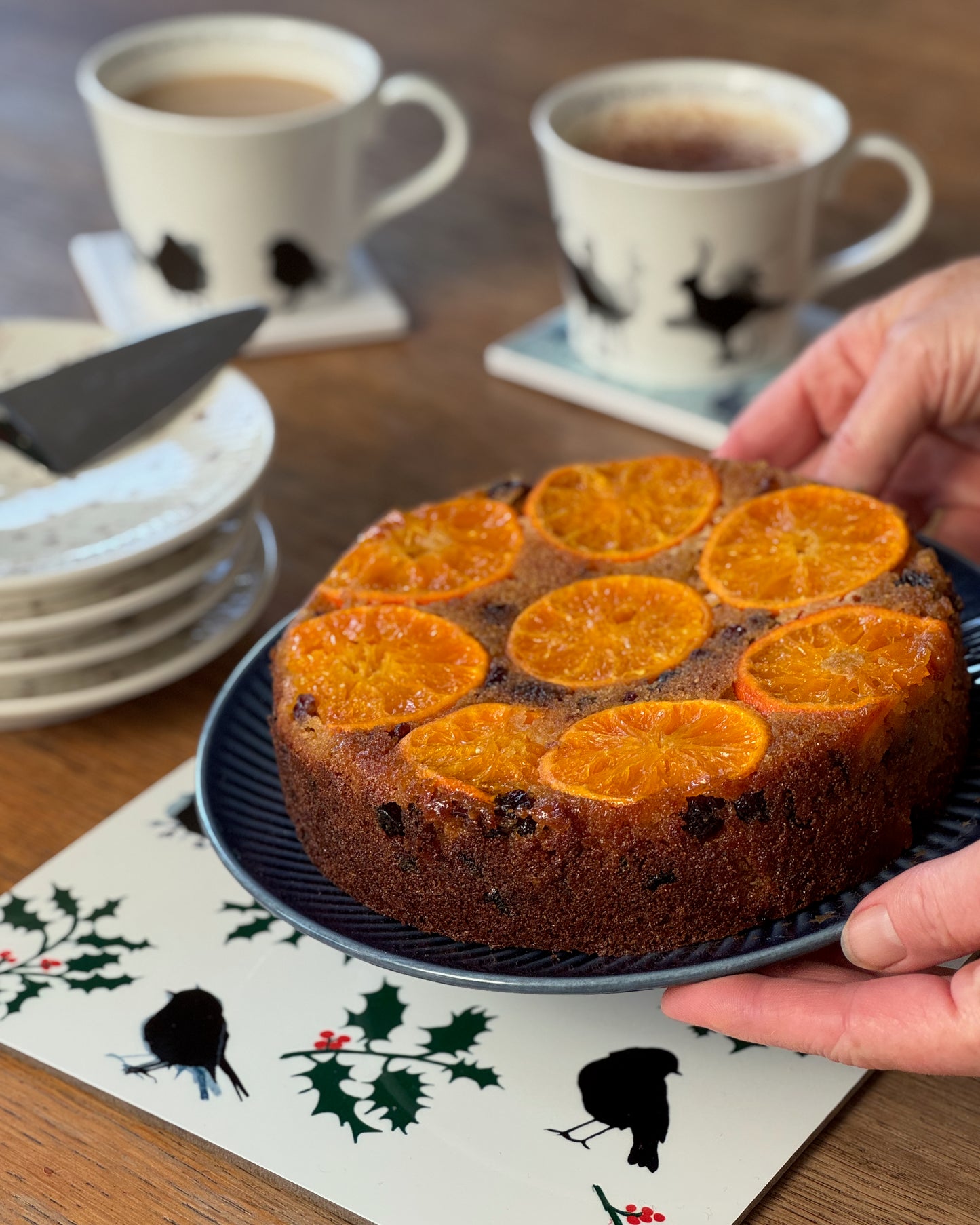 TABLE MAT - ROBIN & HOLLY - christmas design - square