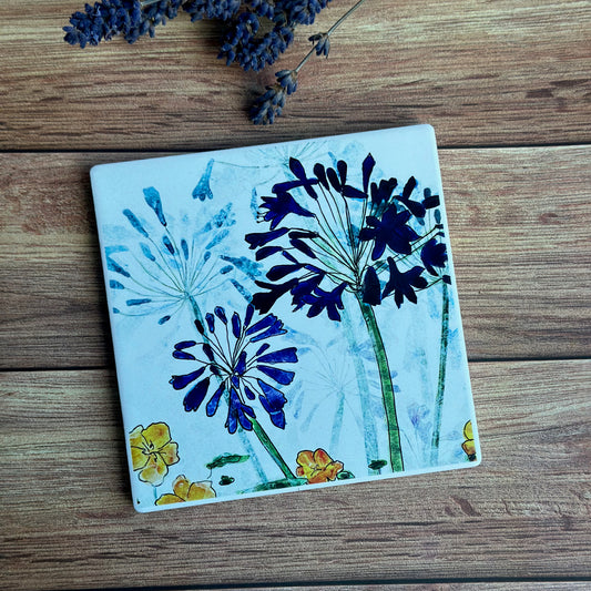 CERAMIC COASTER : agapanthus & nasturtium