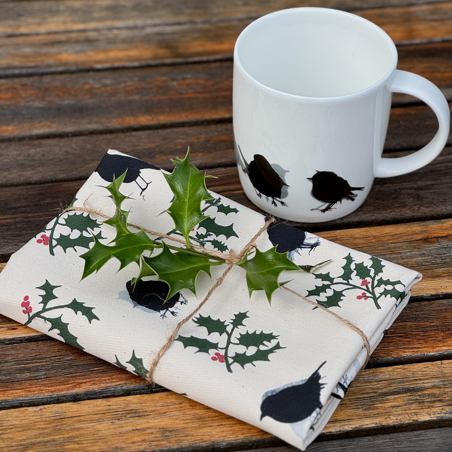 TEA TOWEL - ROBIN & HOLLY - christmas design - unbleached cotton - PREORDER ONLY