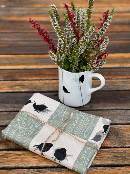TEA TOWEL - WOODLAND BIRDS unbleached cotton PRE ORDER ONLY