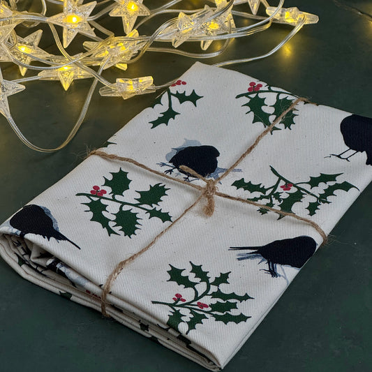 TEA TOWEL - ROBIN & HOLLY - christmas design - unbleached cotton - PREORDER ONLY