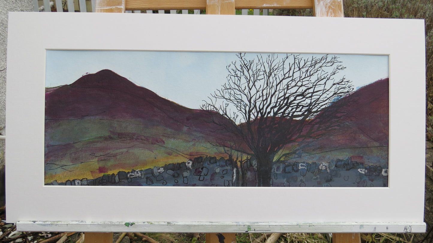 UNFRAMED PAINTING: scald law and tree at dusk