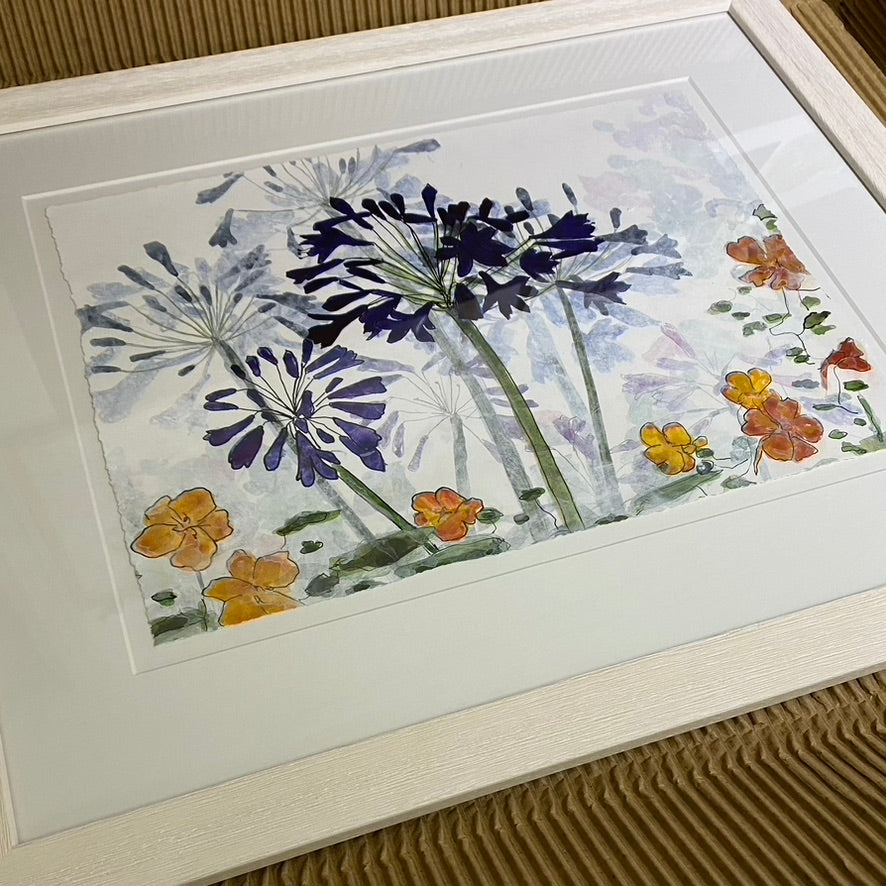 PAINTING: agapanthus on paper 59x49cm - FRAMED