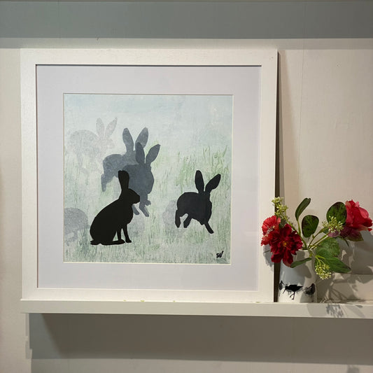 PAINTING: hares in the field 56x56cm FRAMED
